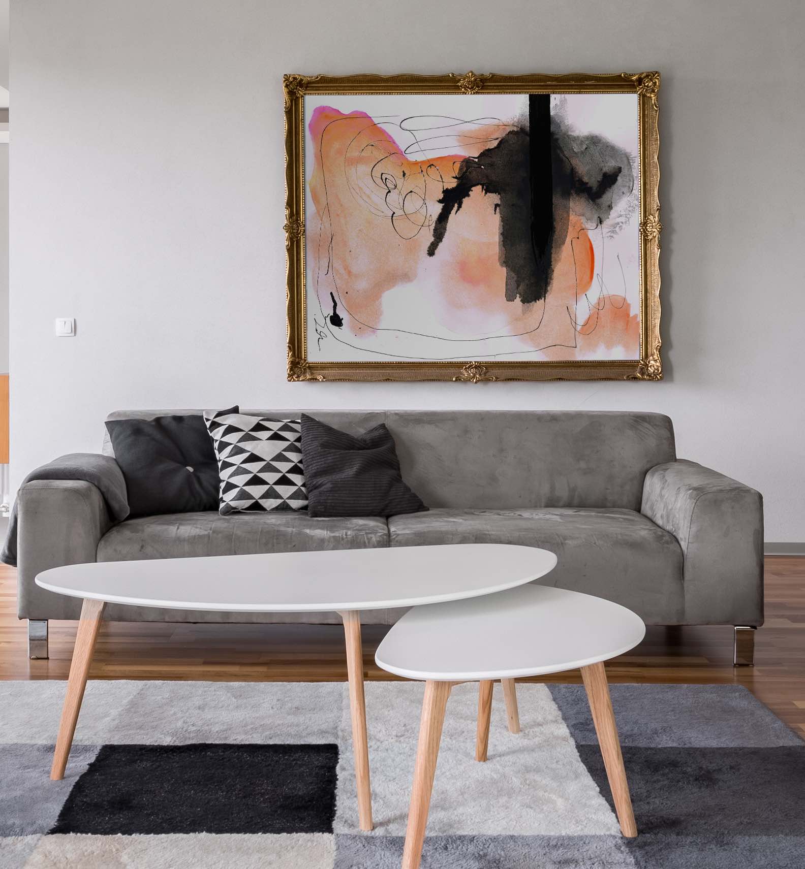 art framing inside of a villa with couch
